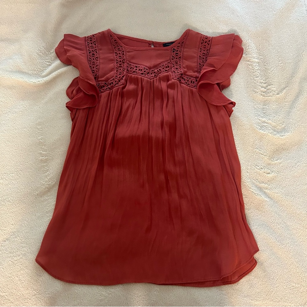Ann Taylor Flutter Sleeveless Blouse with Crochet Detail
